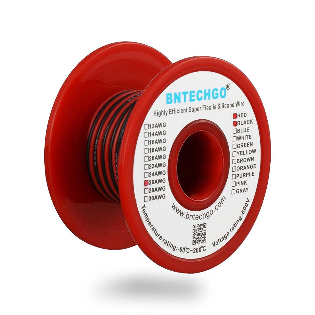 BNTECHGO 26Gauge Silicone Wire Spool 100ft Ultra Flexible High Temp 200 Deg C 600V 26AWG Silicone Wire 30 Strands Of Tinned Copper Wire 50ft Black and 50ft Red 2 Separate Wires Stranded Wire For Model