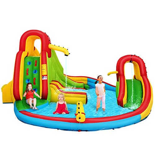 Costzon Inflatable Bounce House, 7 in 1 Mighty Pool Slide, Kids Bouncer w/Climbing Wall, Basketball Rim, Splash Pool, Water Cannon, Including Oxford Carry Bag, Repairing Kit, Stakes (Without Blower)