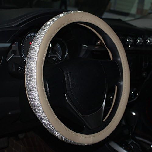 KiShi Car Leather Steering Wheel Cover Universal Breathable Anti-slip Wheel Sleeve Protector (Rhinestones (Beige)