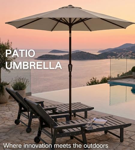 PatioKingdom 9FT Patio Umbrella with Push Button Tilt and Crank Outdoor Market Umbrella with 8 Sturdy Fiberglass Ribs and UV Protection