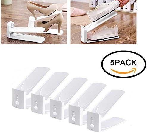 LAL Adjustable Shoe Storage Rack Holder with Double Layer,Shoe Slots Organizer,Adjustable Shoe Space Saver Stacker,Removable and Easy to Install Shoe Rack Set of 5(White)