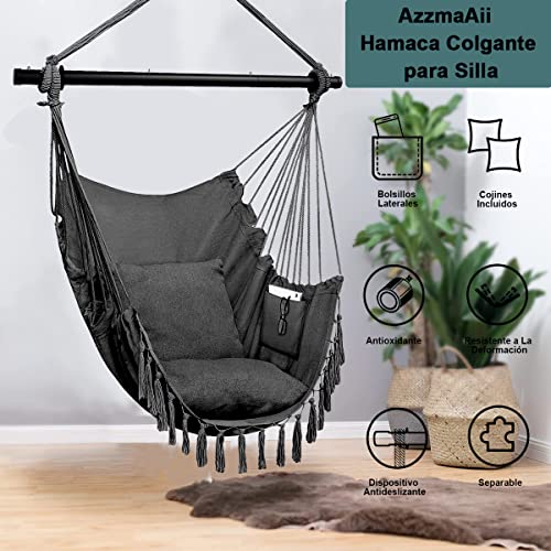 AzzmaAii Hamaca Colgante para Silla, Silla Hamaca Colgante de Cuerda con Cojín y Barra de Metal Silla Colgante al Aire Libre Silla Columpio Sillas Colgantes Portátil al Aire Libre Cuerda Colgante