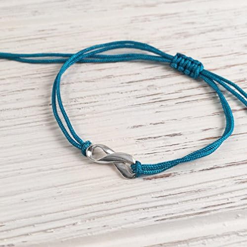 Teal Thread Friendship Support Bracelet, Small Sterling Silver Ribbon Shaped Charm. Aware for Tourette Syndrome, Cervical Ovarian Uterine Cancer, PTSD, Food Allergy. Adjustable Pull Cord