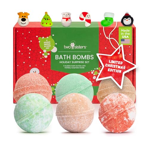 Christmas Bath Bombs for Kids with Surprise Toys Inside (6 Pack) - Holiday Gifts and Stocking Stuffers for Boys and Girls - Bubble Treats with Cheerful Scents, USA Made by Two Sisters