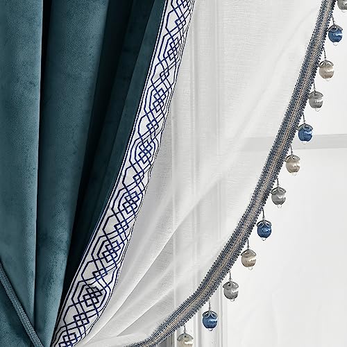 Lush Decor Luxury Vintage Velvet and Sheer with Border Pompom Trim Window Curtain (Single) Panel, 84" L x 42" W, Blue at Amazon
