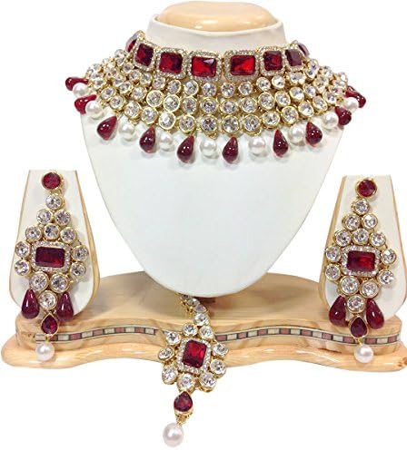 Fabulous Traditional Wedding Mehroon Stone Bollywood Indian Style Bridal Kundan Jewelry Set