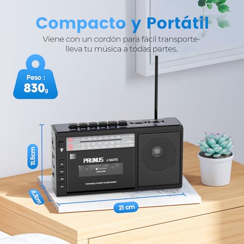 PRUNUS J-360 Bluetooth Cassette Player, Am/FM Solar and Rechargeable Radio Cassette Player with Headphone Jack, TF/USB Player.