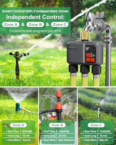WLAN Watering Computer 3 Outputs with Brass Inlet/RF 300M Technology, Garden Watering Clock, Compatible with Alexa & Smart Life App, Automatic Watering System for