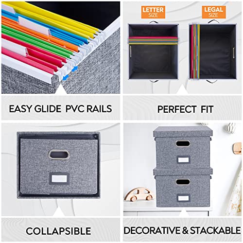 File Organizer Box with Lid 2 Pack Collapsible Decorative Linen