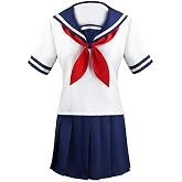 Cos-Animefly Japanese Sailor Uniform Cosplay Costume, White Top Red Scarf Blue Pleated Skirt Set Women