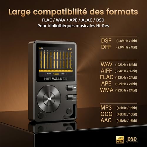 HIFI WALKER H2 Bluetooth Hi-Res MP3 Player, 64GB Audiophile HiFi MP3 Player, ESS DSD FLAC, Portable Audio Player, Zinc Case, USB DAC, Line Out, Expandable up to 512GB