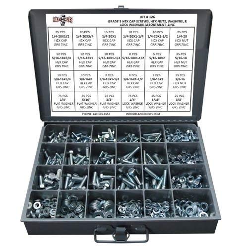 Grade 5 Hex Cap Bolts Screws, Nuts, Washers, Lock Washers Assortment Kit - 574 Pieces!