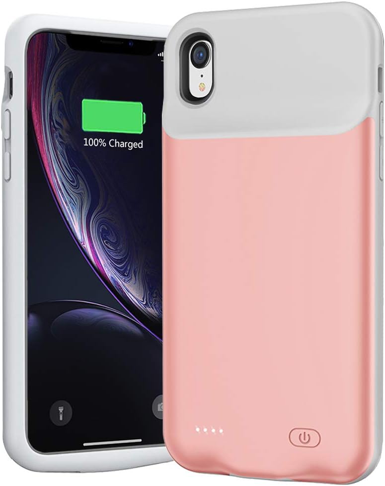 Battery Case for iPhone XR, 6500mAh Extended Portable Battery Pack Rechargeable Smart Charger Case Compatible with iPhone XR (6.1 inch) External Battery Cover Charging Case (Pink)