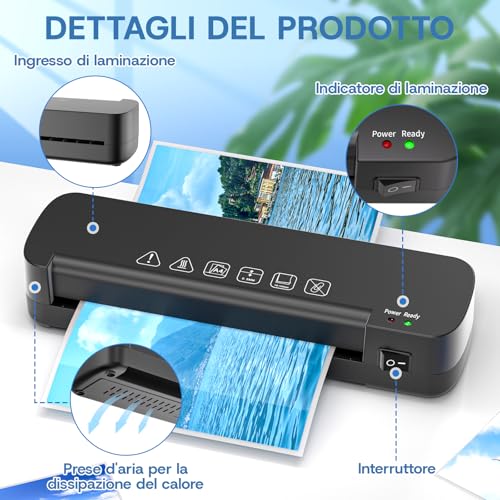 NAHKZNY A4 Laminator Thermal Laminator Speed 260 mm/min Hot Laminator Suitable for A4 A5 A6 Format with 15 Laminating Sheets for Home Office School Catering