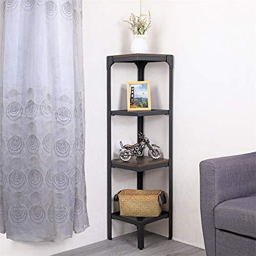 FIVEGIVEN Retro Corner Shelf 4 Tier Narrow Standing Bookcase Industrial for Home Office Espresso - Thumbnail 3