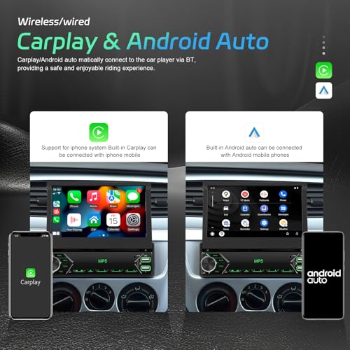 FM RDS 1 Din Car Radio Wireless Carplay Android Auto, Retractable Touch Screen 7 Inch Bluetooth Car Radio, EQ, Mirror Link, Reversing Camera, MIC, AUX, USB