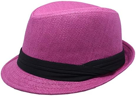 Jofook-fashion men women Fedora Trilby Derby Hat straw wide brim summer Panama hat (rose red)