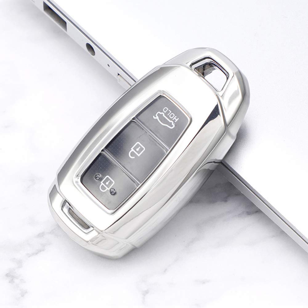 ontto for Hyundai Car Key Cover Premium Soft TPU Silicone Key Fob Cover Holder Protector for 2017-2019 Hyundai Veloster Kona Azera 2019 Hyundai Santa FE i30 ix35 3 Button Keyring Remote Key Fob Silver