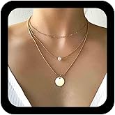 Allereyae Vintage Layered Pearl Coin Necklace Gold Pearl Pendant Necklace Bohemia Layering Disc Necklace Choker Magic Chain Necklace Jewelry