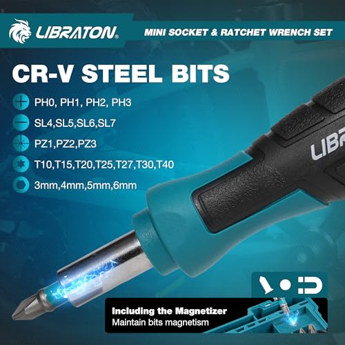 LIBRATON 37 Piece Mini Ratchet and Socket Set with 10.2mm Drive, 4-13mm Bits, Magnetic Handle, Extension Bars and Universal Joint, with Storage Case for