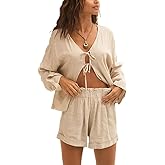 Nicfazy 2 Piece Outfits For Women Long Sleeve Lace up Shirts Short Sets Summer Lounge Matching Sets with Pockets