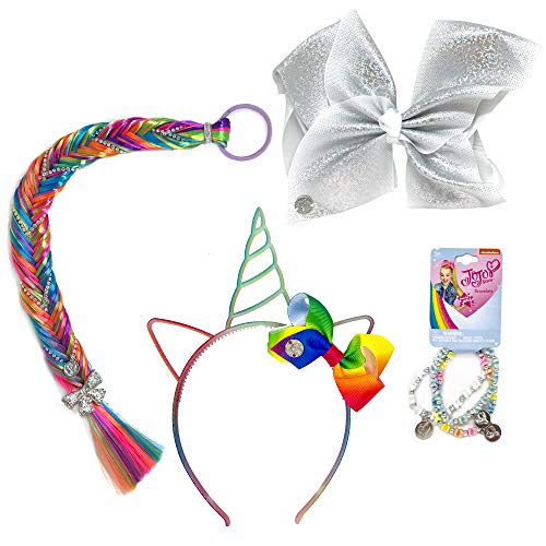 Jojo Siwa Girls Accessory Set, Bow Headband 3 Pack Bracelet and Colorful Hair Braid Tie - Silver Rainbow