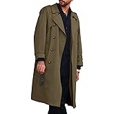 Runcati Mens Trench Coat Double Breasted Long Jacket Casual Windbreaker Notched Lapel Belted Overcoat