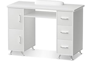 DeerDean Nail Tech Desk Manicure Table Nail Station White Nail Desk Acetone Resistant Nail Table for Nail Tech with Extended Drawers & Cabinets & Wrist Cushion