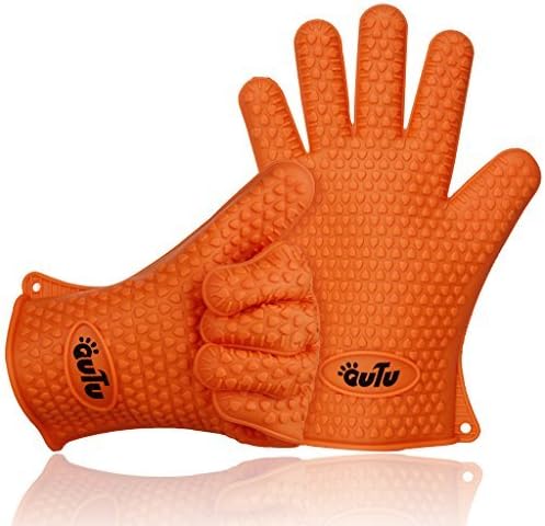 OUTU 1 Pair Silicone Heat Resistant  Five Fingers Ultra flex Kitchen Glove BBQ Grill Oven Gloves (Orange)