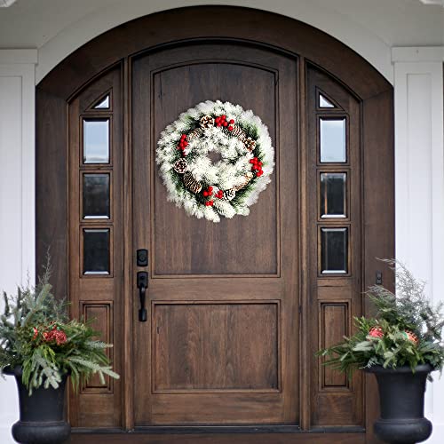 16 Inch Christmas Wreath, Lighted Christmas Wreath for Front Door with 40 Warm Lights Battery Operated, Snowflake White Christmas Wreath with Pine Cone Red Berry for Xmas Decorations Indoor Outdoor