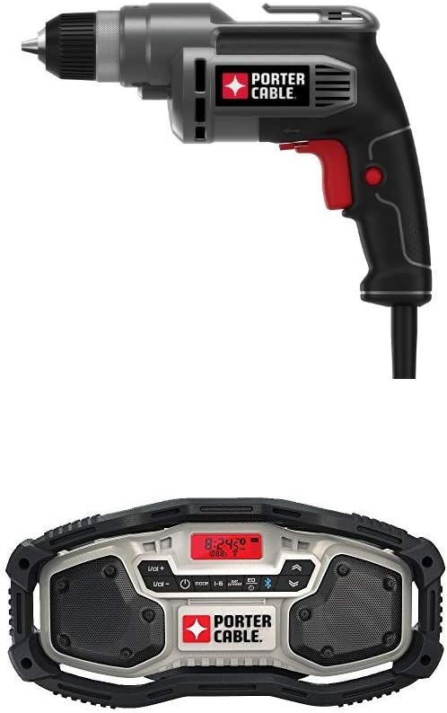 PORTER-CABLE PC600D 6 Amp 3/8-Inch Variable Speed Drill with PORTER-CABLE PCC771B Bluetooth Radio