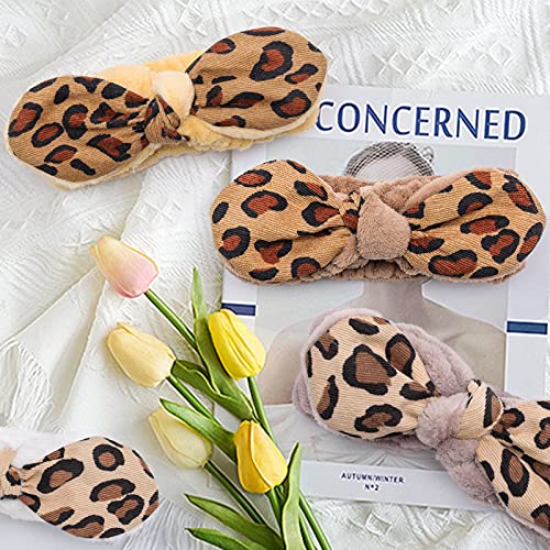 Shindel 6PCS Bowknot Leopard Spa Headbands, Coral Fleece Facial Makeup Headband Leopard for Yoga Sports Shower