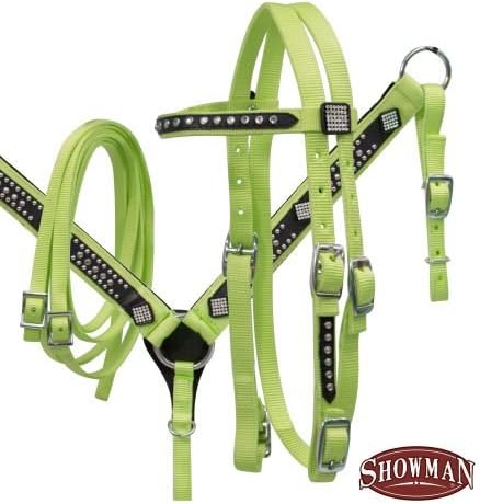 Showman Pony Bling Headstall, Split Reins and Breast Collar Set. Black Overlay with Silver Studs and Crystal Rhinestones.