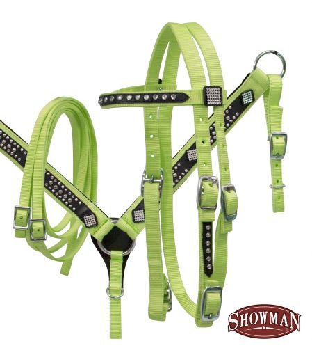 Showman Pony Bling Headstall, Split Reins and Breast Collar Set. Black Overlay with Silver Studs and Crystal Rhinestones.