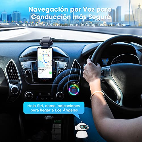 Transmisor FM Bluetooth 5.0 para Coche, [Detecta Frecuencia Libre Automático], RGB 9 Colores Luz de Anillo, Dual Micrófono Manos Libres Reproductor MP3, QC3.0 Adaptador, Siri Google Asistente