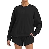 AnotherChill Women's Oversized Waffle Knit Lounge Set Long Sleeve Sweatshirt and High Waisted Shorts 2 Piece Casual Outfit