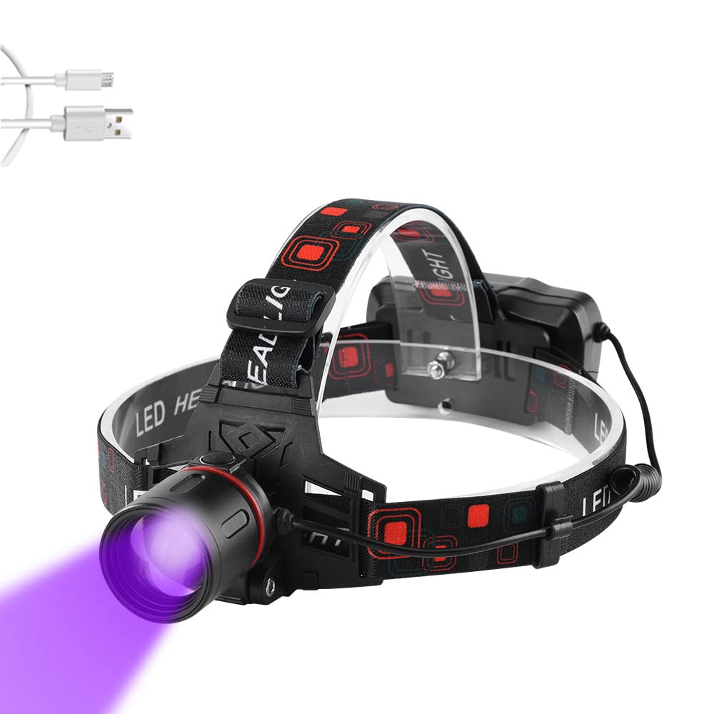 WESLITE UV Head Torch, Ultraviolet Headlamp USB Rechargeable LED Blacklight Headlight for Night Fishing/Find Scorpions/Auto Oil and HVAC Leaks/Fluorescent Agent/Art/Rocks (White + UV Light 395nm)