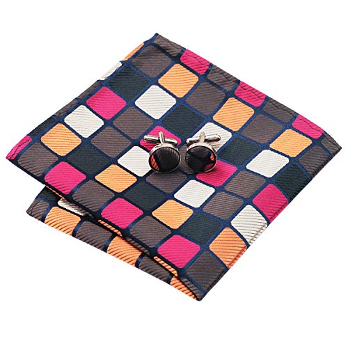 YOHOWA Orange White Plaid Check Tie Set Mens Necktie Pocket Square Cufflinks - Thumbnail 3