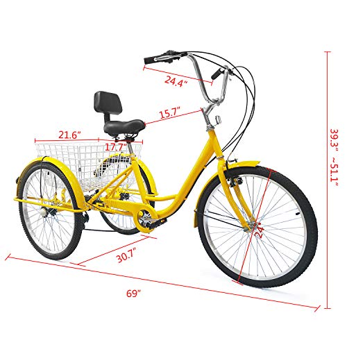 SURPCOS Adult Tricycle Cruise Bike Full Size 3 Wheeled Trike Bicycle with Wire Shopping Basket (Yellow, 7-Speed 24")
