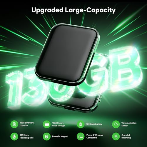 136GB (18800 Hour) Double-Sided Magnetic Voice Activated Recorder, Audio Recorder AI Smart Noise Reduction, MP3 & USB-C Digital Voice Recorder, 100H Continuous Recording Device for Meetings/Interviews