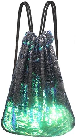 Shiny Mermaid Reversible Sequin Bag Drawstring Backpack for Girls (Aqua/Black)