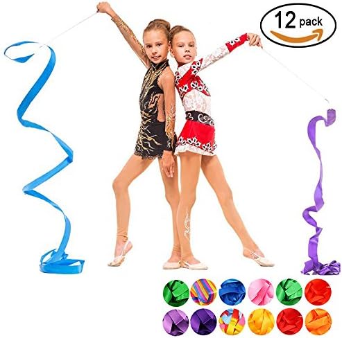 Chou xian 12 Pack Dance Ribbons Dancing Streamers Rhythmic Gymnastics Ribbon Wands Rods for Kids/Preschool Children/Women/Men-Silk Artistic Dancing and Baton Twirling