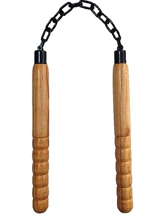 SHARABANI Wooden Nunchaku, Handle with Black Metal Chain, 1 Piece for Martial Arts Training
