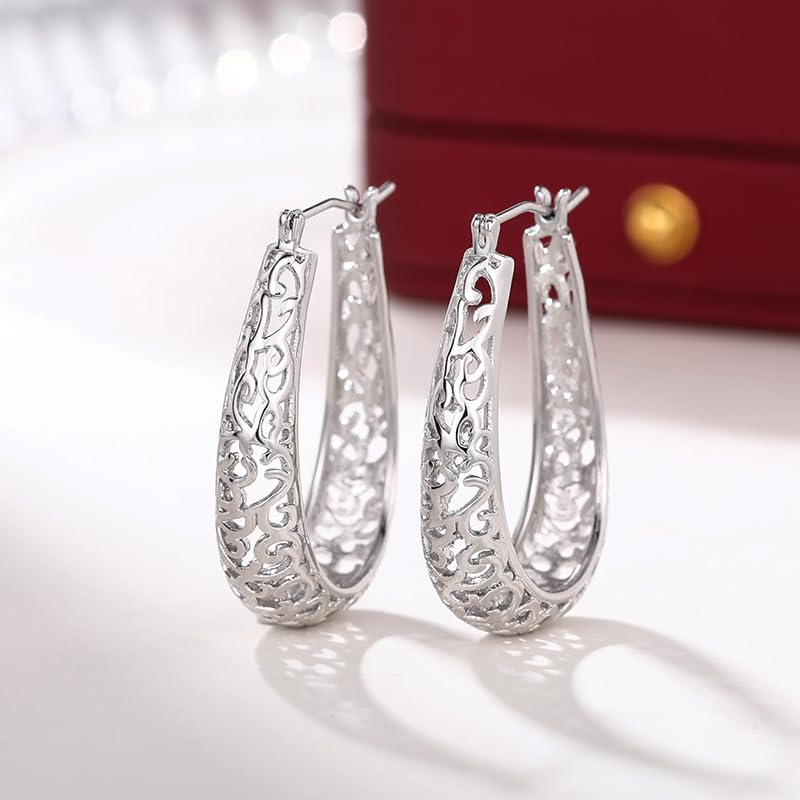 Photo 1 of 1 Pair Sliver Retro Texture Hoop Earrings Fashion Hollow Texture Art Hanging Earrings for Women Wedding Party Prom Dress Valentine's Day Mother's Day Jewerly Gifts