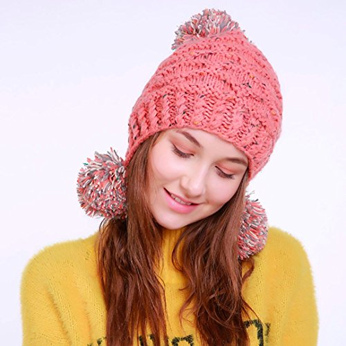 Women Knit Hat, Elogoog Warm Peruvian Beanie Wool Winter Ski Hat Cap with Earflap Pom (Pink) - Thumbnail 2
