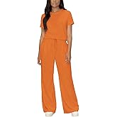 HBQ Women 2 Piece Matching Sets Short Sleeve Top Wide Leg Pants Lounge Outfits Sweatsuits With Pockets