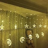 Led Star Curtain Lights, Moon Star String Light 138 Leds 250CM Length with 8 modes plug in Fairy Lights Christmas Window Curtains Light for Home decoration (Warm white)