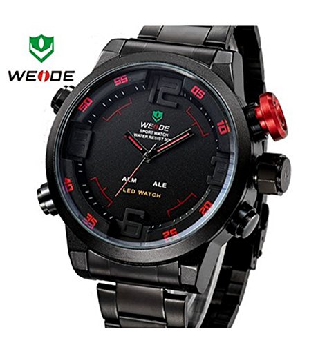 Weide Mens Red Theme Black Dial Dual Time Display Wrist Watch WH2309BR