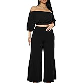 Two Piece Sets for Women Dressy Off Shoulder Crop Tops and Wide Leg Ruffle Pant Set Sexy Outfits