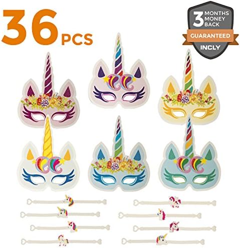 Incly 12 PCS Unicorn Paper Masks For Kids Birthday Party with 24 Wristbands Dress-Up Costume Masking Party Favors Set
